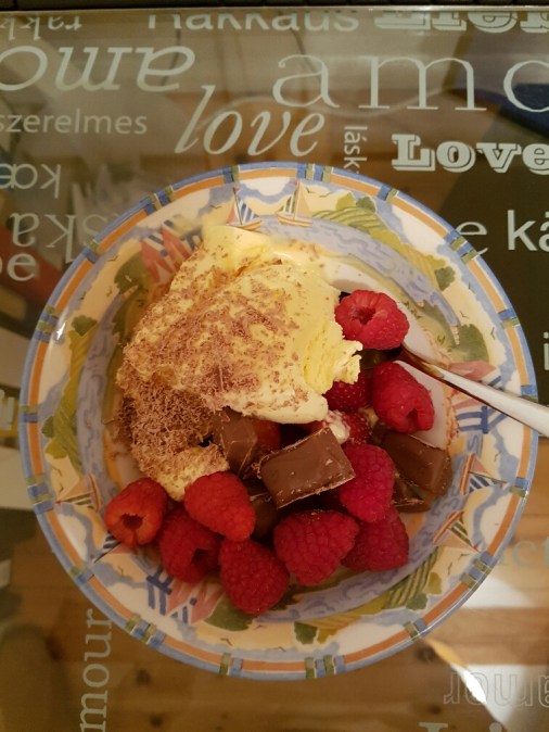Raspberries, vanilla ice cream and galaxy chocolate